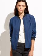 Shein Blue Ribbed Trim Zip Up Chambray Bomber Jacket