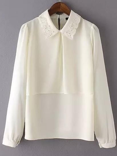 Shein Beige Embroidered Collar Bead Loose Blouse