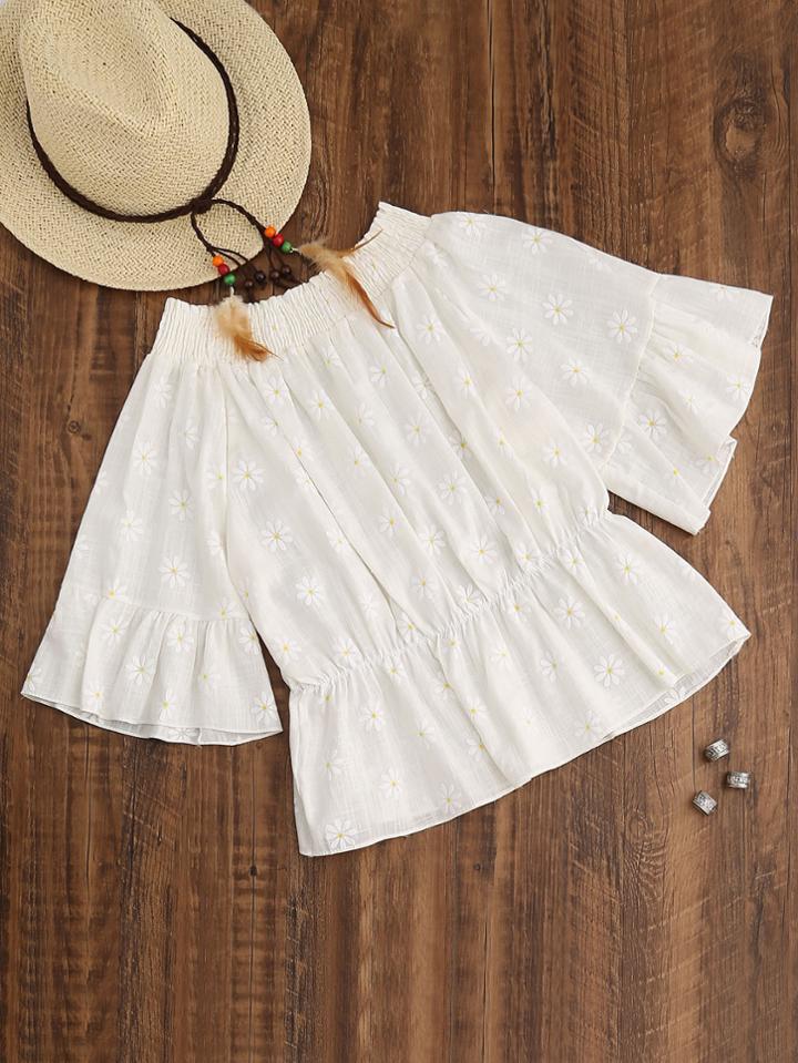 Shein Beige Florals Boat Neck Ruffle Sleeve Peplum Blouse