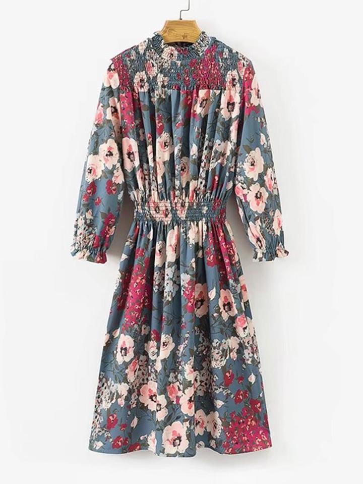 Shein Lettuce Edge Shirred Detail Floral Dress
