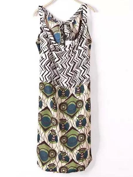Shein Multicolor Tie Back Bow Geometric Print Dress