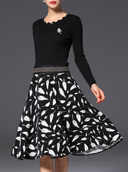 Shein Black Knit Leaves Print A-line Dress