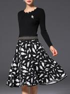 Shein Black Knit Leaves Print A-line Dress