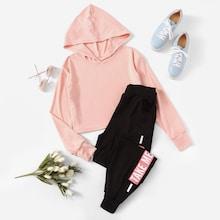Shein Solid Hoodie & Letter Print Sweatpants Set