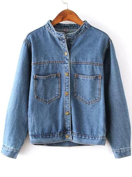 Shein Blue Stand Collar Pockets Crop Denim Coat