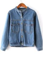 Shein Blue Stand Collar Pockets Crop Denim Coat