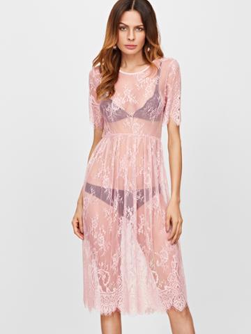 Shein Pink Split Back Sheer Floral Lace Dress