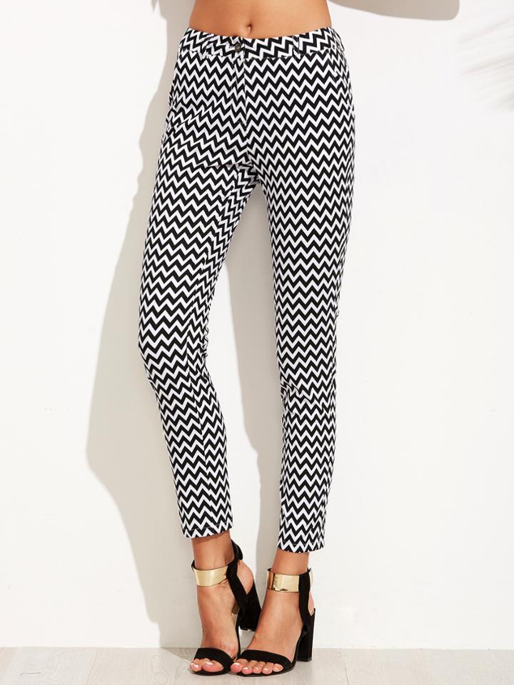 Shein Black And White Chevron Print Skinny Ankle Pants