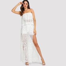 Shein Lace Overlay Bandeau Top With Pants