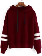 Shein Burgundy Drop Shoulder Varsity Striped Hooded Sweatshirt