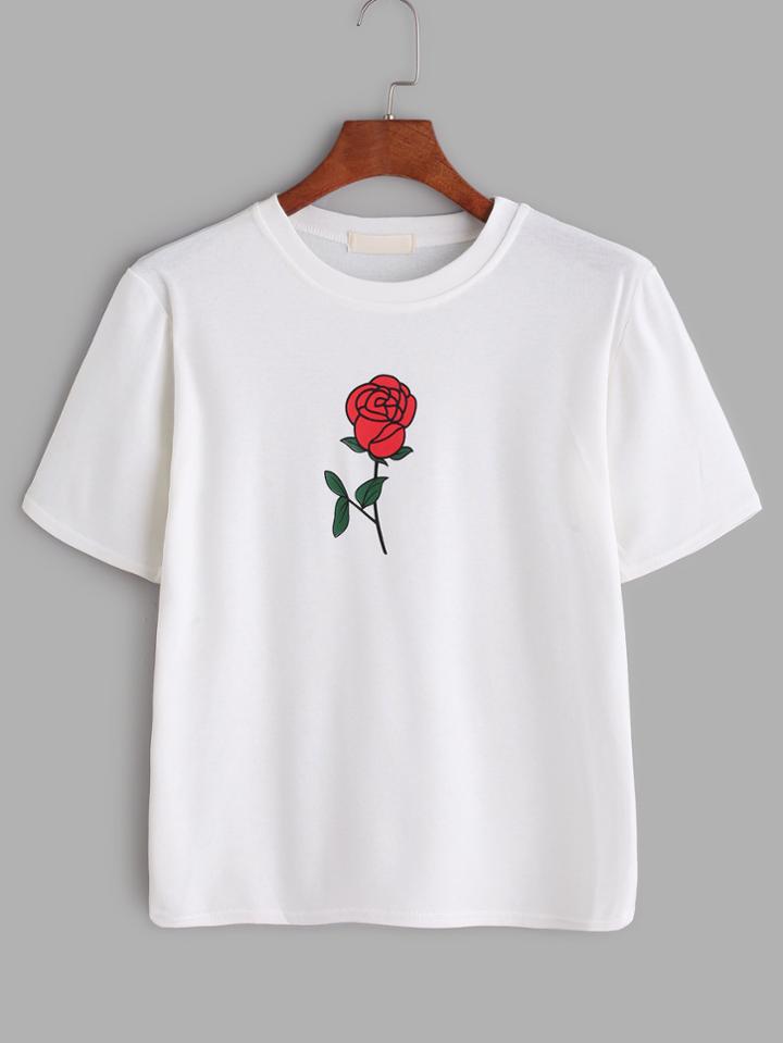 Shein White Rose Print T-shirt