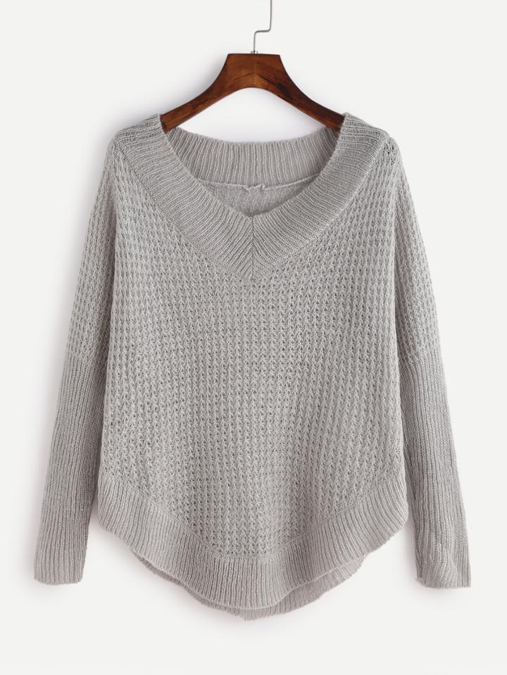 Shein Grey V Neck Curved Hem Sweater