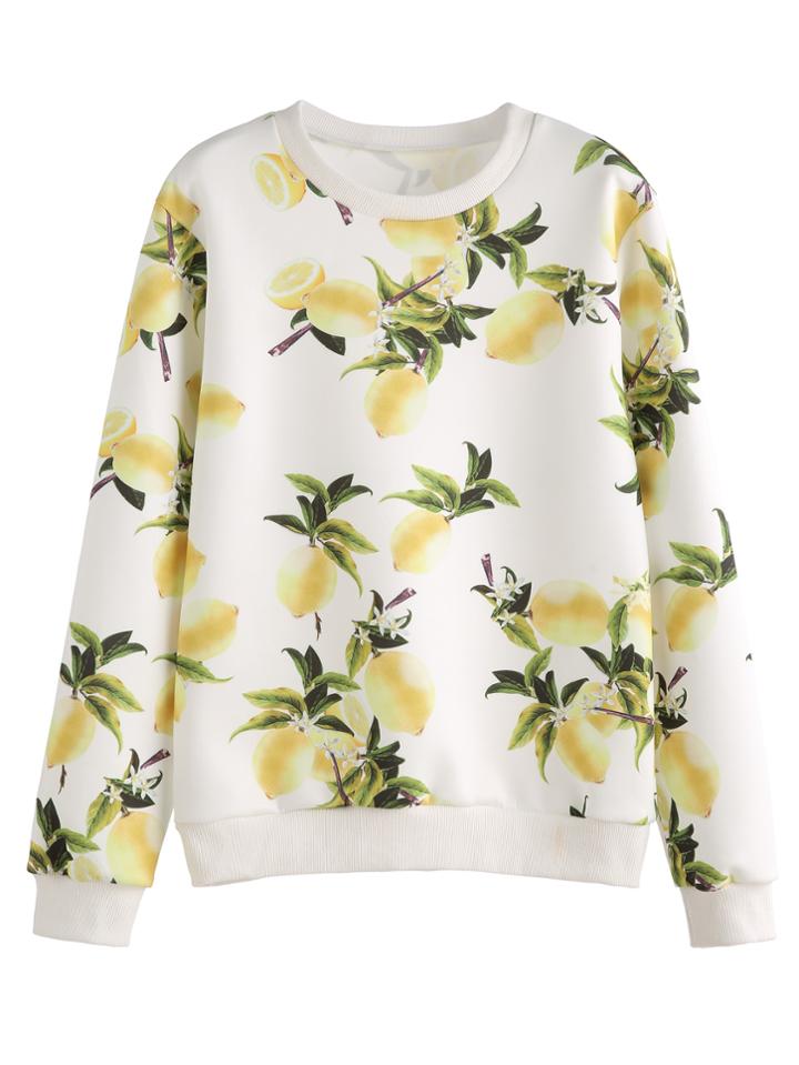 Shein White Lemon Print Sweatshirt