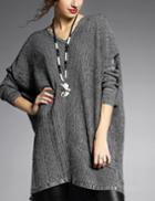 Shein Grey V Neck Batwing Sleeve Loose Sweater