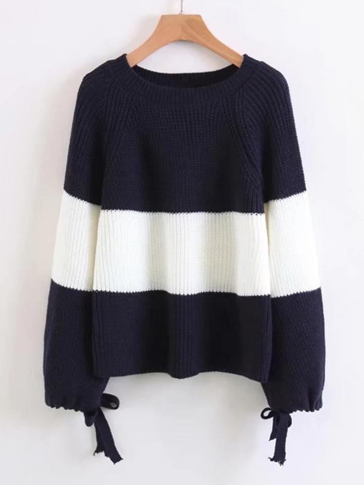 Shein Block Striped Tied Cuff Sweater