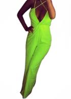 Rosewe Zipper Closure Fluorescent Green Strappy Jumpsuit