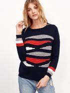 Shein Navy Textured Knit Drop Shoulder Striped Sleeve Sweater