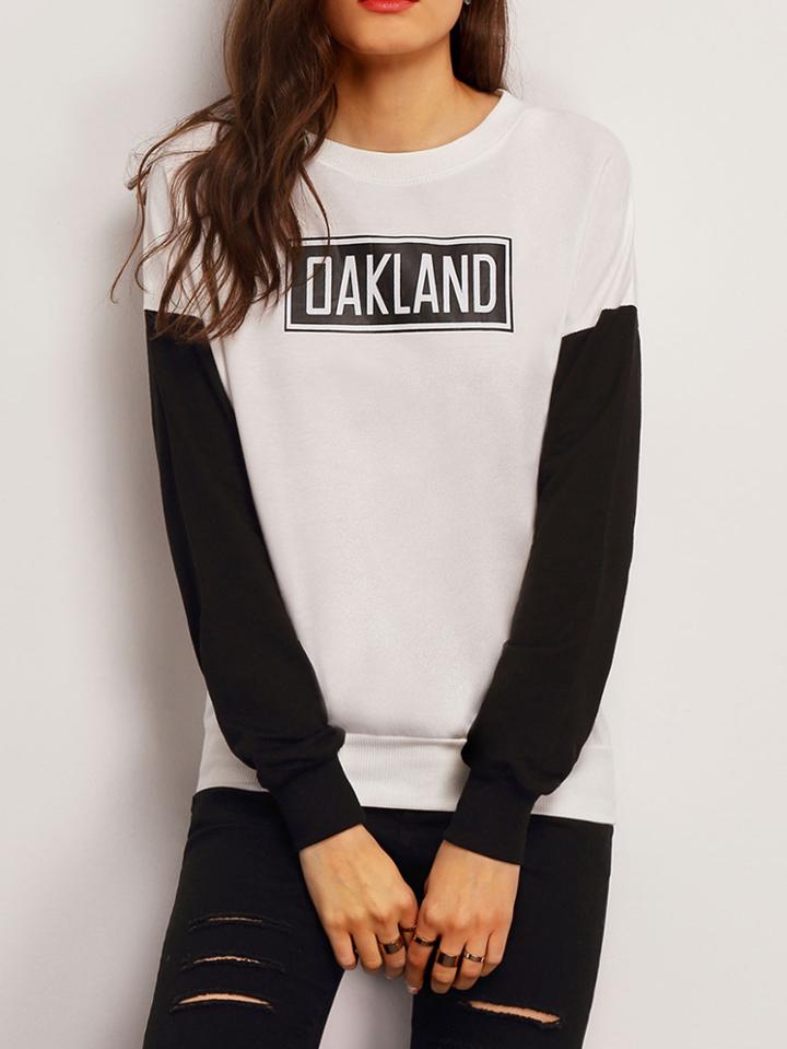 Shein White Black Crew Neck Letters Print Sweatshirt