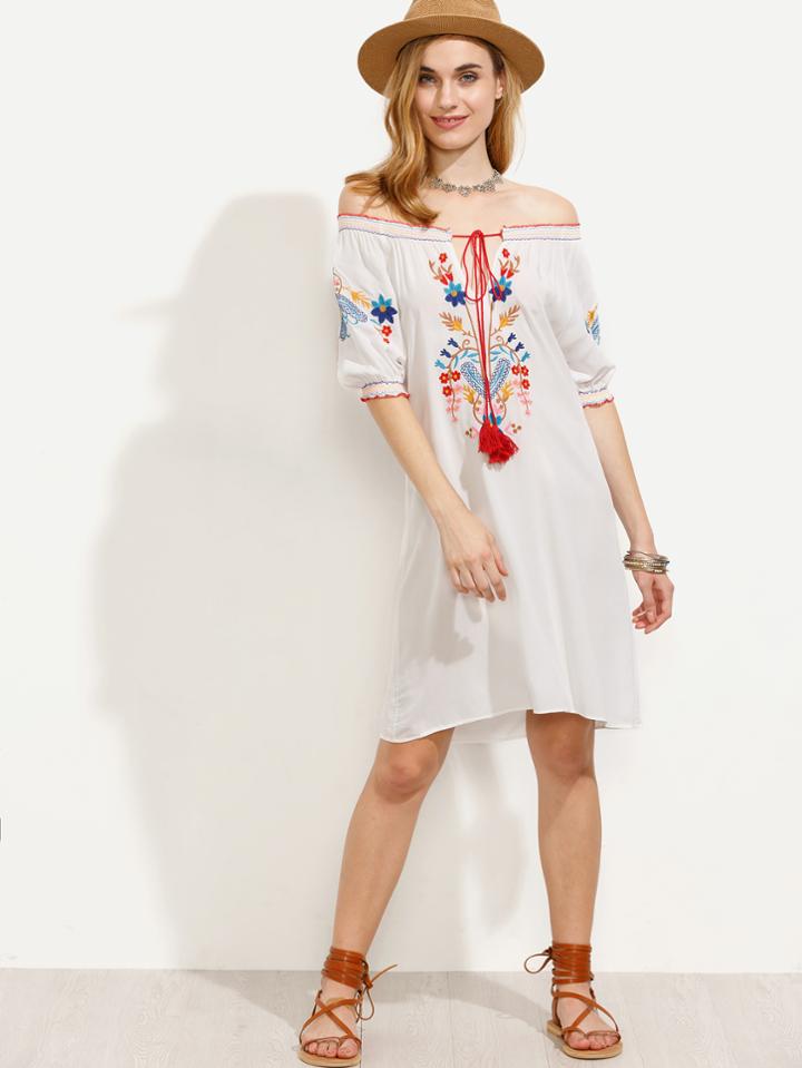 Shein Embroidery White Off The Shoulder Ruffle Dress With Tassel Tie