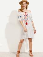Shein Embroidery White Off The Shoulder Ruffle Dress With Tassel Tie