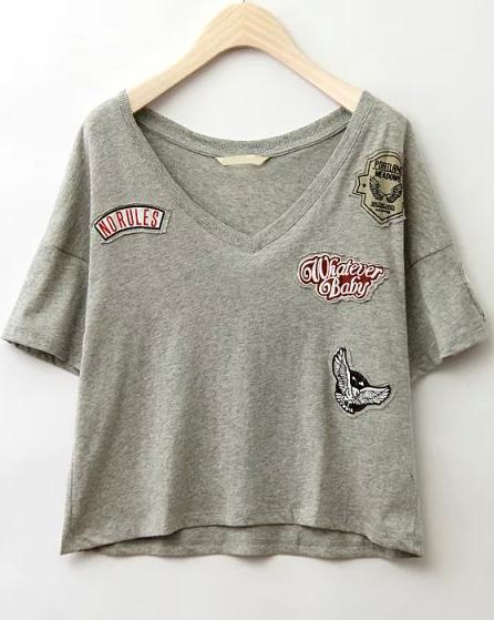 Shein Grey V Neck Badge Patch T-shirt