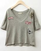 Shein Grey V Neck Badge Patch T-shirt
