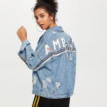 Shein Letter Patched Ripped Pearl Beaded Denim Jacket