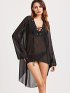 Shein Deep V Neck Lace Up Dip Hem Sheer Top