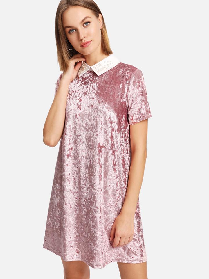 Shein Crushed Velvet Dress With Pearl Beading Collar