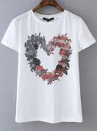 Shein White Short Sleeve Floral Heart Print T-shirt