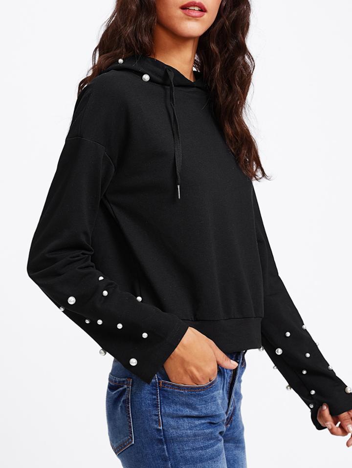 Shein Drop Shoulder Pearl Embellished Hoodie