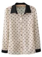 Shein Beige Long Sleeve Contrast Lapel Dogs Print Blouse