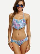 Shein Blue Flower Print Ruffled Bikini Set
