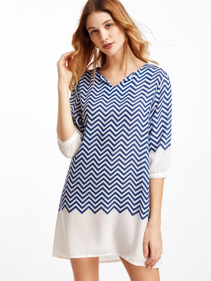 Shein Chevron Pattern Elbow Sleeve Shift Dress