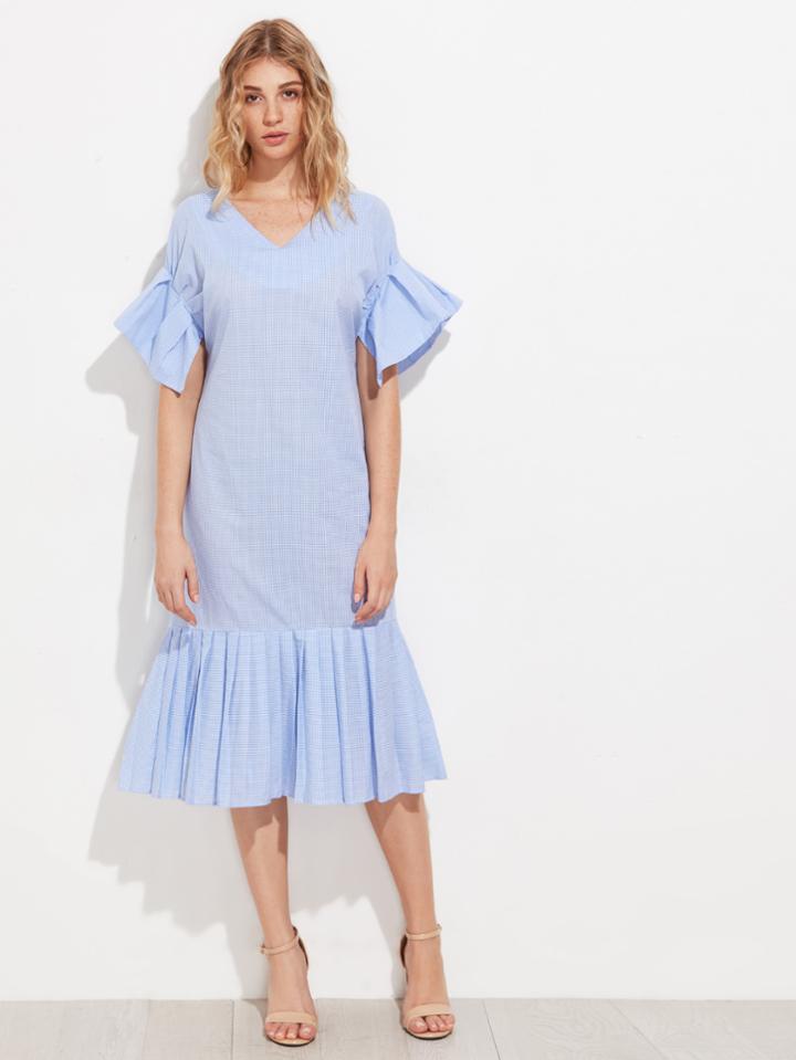 Shein Gingham Tie Back Frill Trim Dress