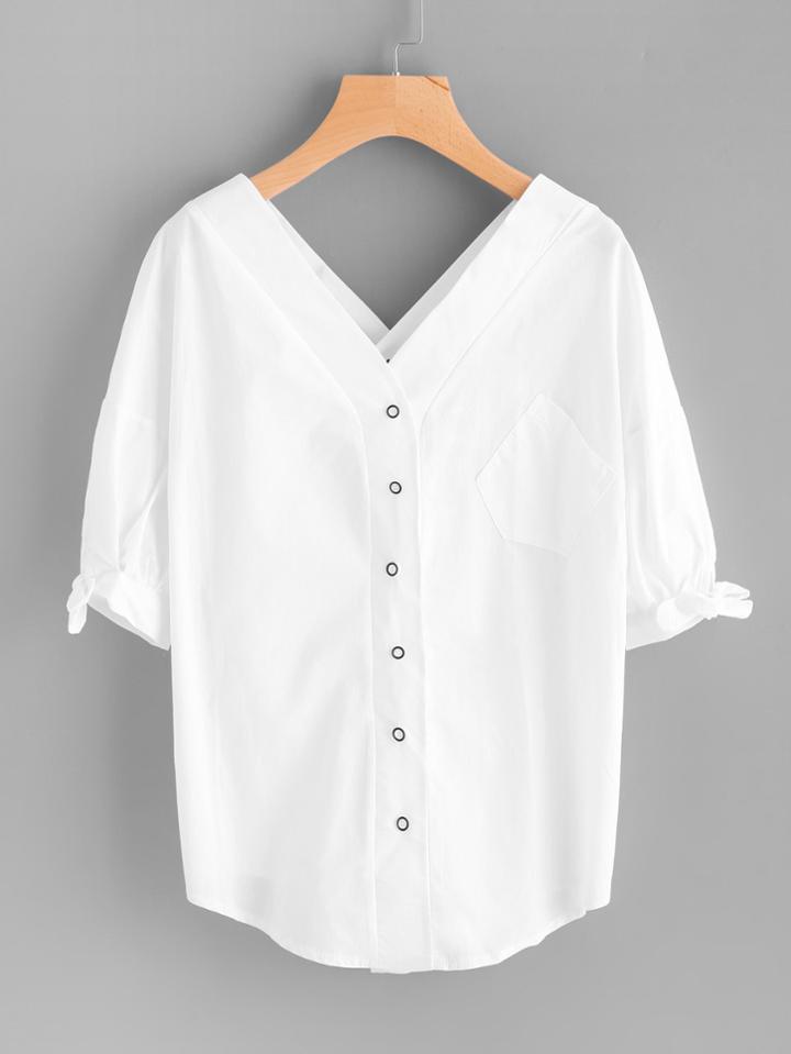 Shein Double V Drop Shoulder Letter Embroidery Trim Blouse