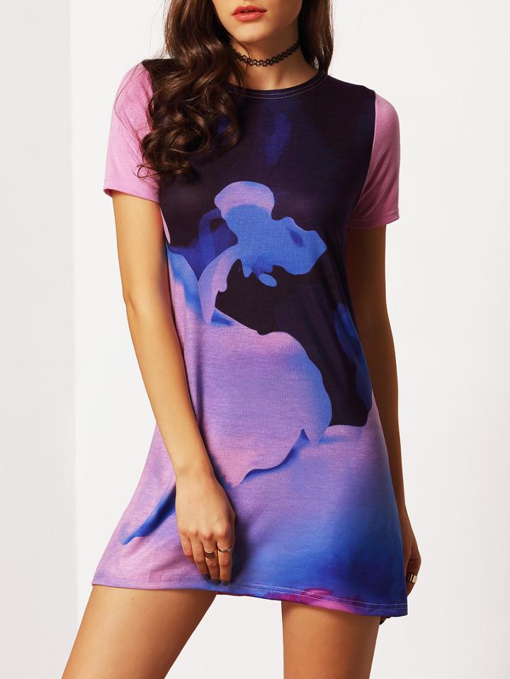 Shein Colour Short Sleeve Ink Print Bodycon Dress