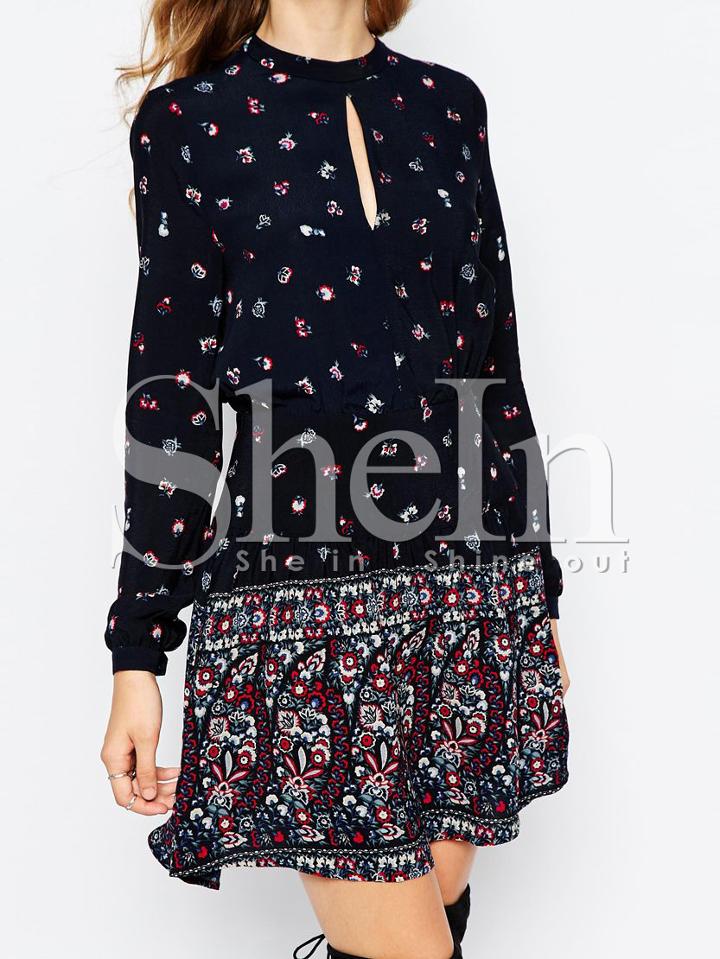 Shein Black Long Sleeve Vintage Print Dress