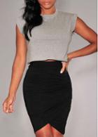 Rosewe Solid Black Middle Waist Asymmetric Skirt