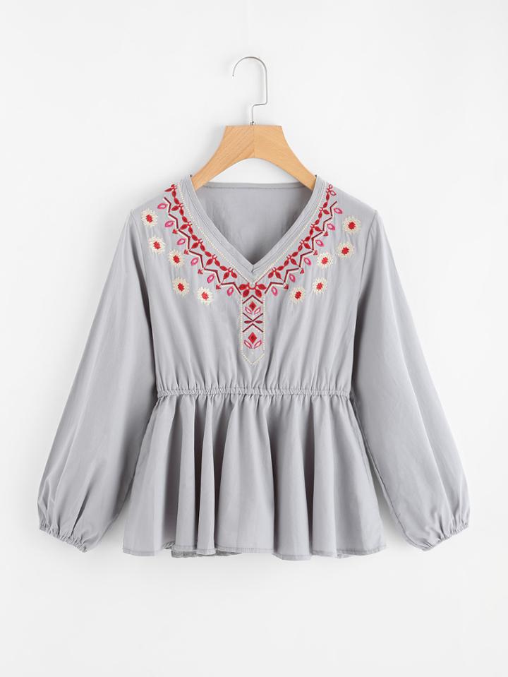 Shein Lantern Sleeve Embroidered Peplum Top