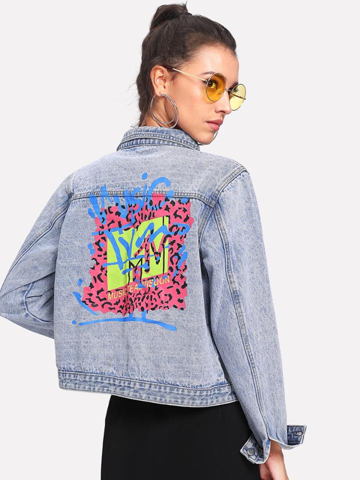 Shein Faded Wash Graphic Denim Jacket
