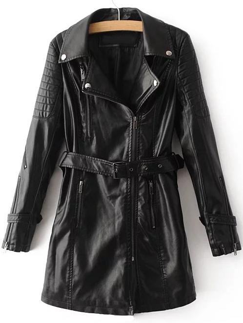 Shein Black Zipper Detail Pu Coat With Belt