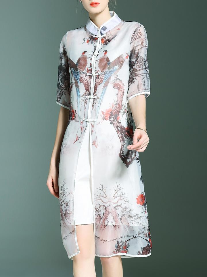 Shein White Collar Birds Print Two-piece Dress
