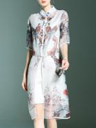 Shein White Collar Birds Print Two-piece Dress