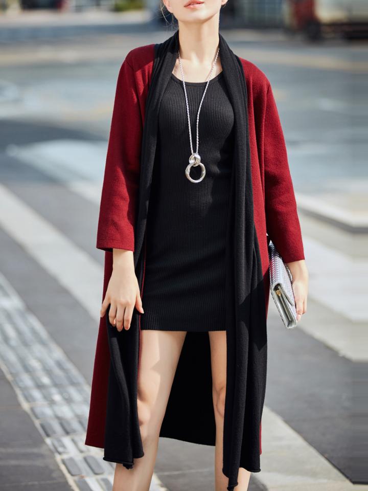 Shein Burgundy Color Block Pockets Cardigan