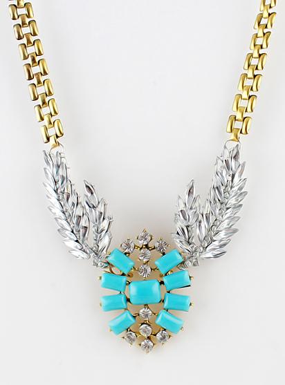 Shein Blue Gemstone Gold Diamond Leaf Necklace