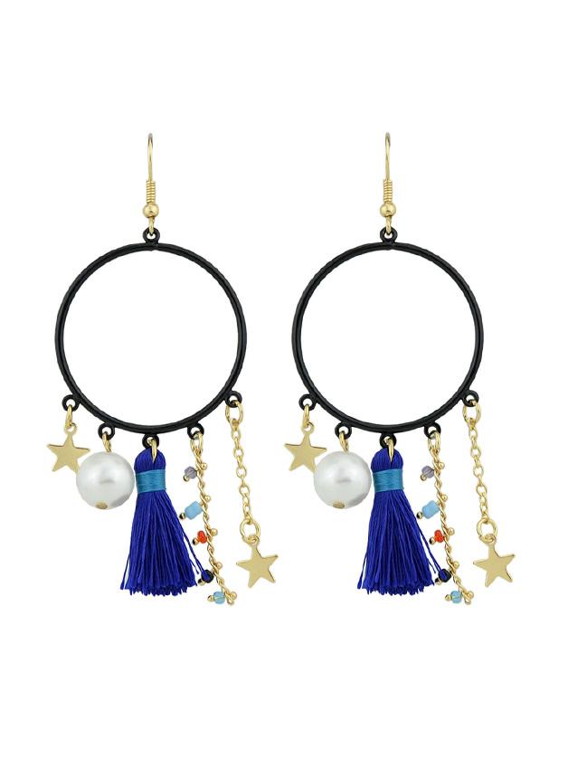 Shein Blue Tassel Simulated-pearl Colorful Beads Star Charms Drop Earrings