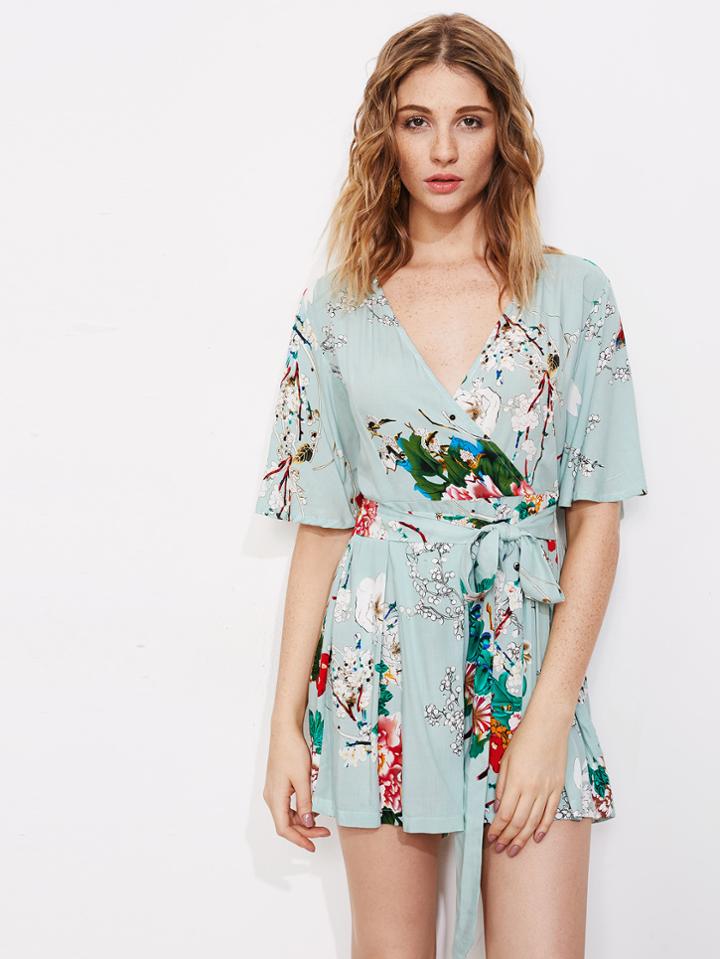 Shein Flutter Sleeve Surplice Wrap Pleated Botanical Romper