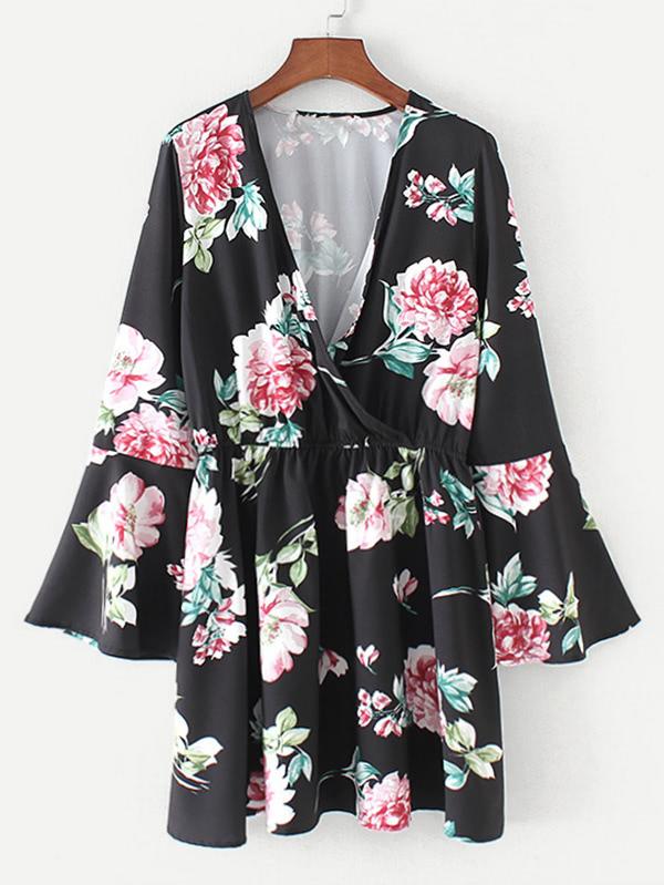 Shein Flounce Sleeve Surplice Floral Dress