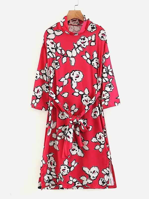 Shein Self Tie Slit Side Florals Dress